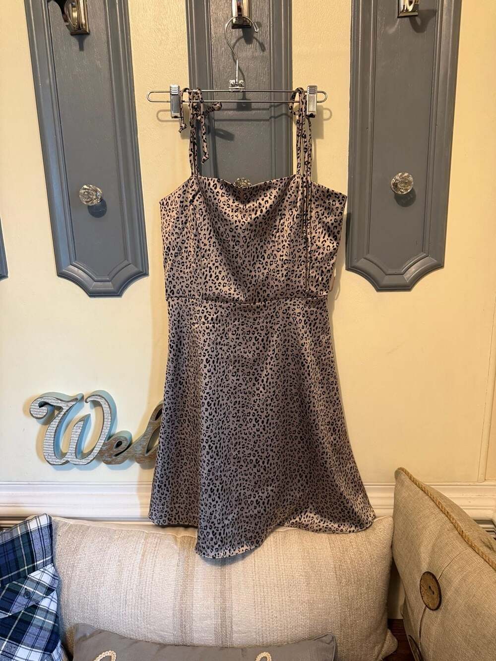 Lola & Grace Taupe and Black Leopard Print Satin Mini Dress with Tie Straps